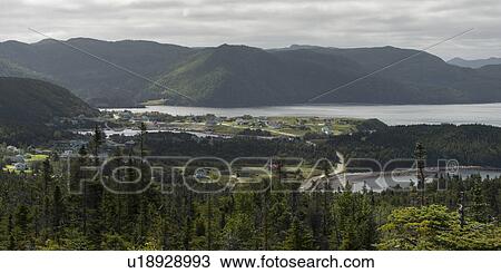 Stock Image - Town along the coast, Bonne Bay, Norris Point, Gros Morne National Park, Newfoundland And Labrador, Canada. Fotosearch