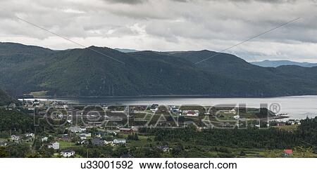 Stock Image - Town along the coast, Bonne Bay, Norris Point, Gros Morne National Park, Newfoundland And Labrador, Canada. Fotosearch