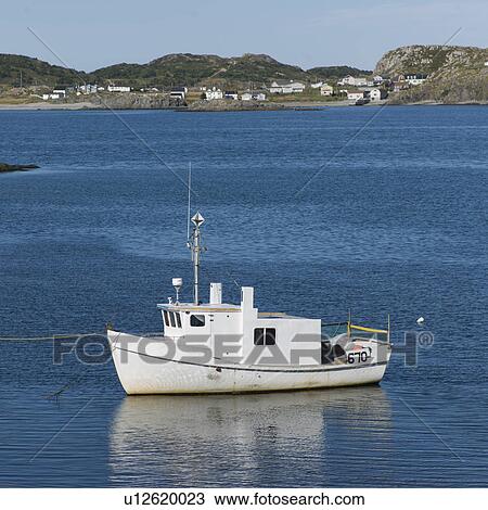 Stock Image - Trawler Fishng Boat at harbor with town in background, Twillingate, North Twillingate Island, Newfoundland And Labrador, Canada. Fotosearch