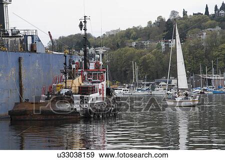 Tugboat moored at dock, Lake Union, Wallingford, Seattle, Washington State, USA View Large Photo Image Stock Photo - Tugboat moored at dock, Lake Union, Wallingford, Seattle, Washington State, USA. Fotosearch