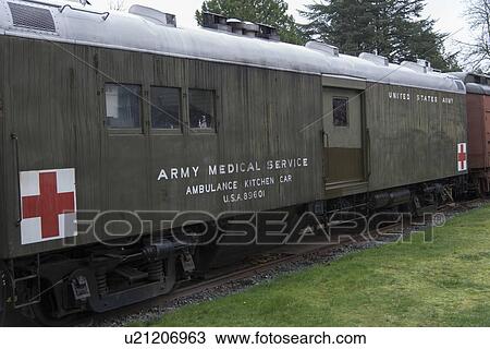 Stock Image - US Army Medical Service ambulance kitchen car at Northwest Railway Museum, Snoqualmie, Washington State, USA. Fotosearch
