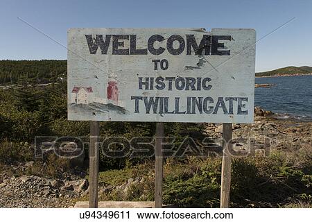 Stock Image - Welcome signboard at coast, Hillgrade, Twillingate, South Twillingate Island, Newfoundland And Labrador, Canada. Fotosearch