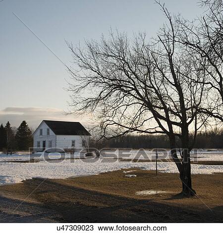 Stock Image - Winter landscape with a house in the background, Riverton, Hecla Grindstone Provincial Park, Manitoba, Canada. Fotosearch