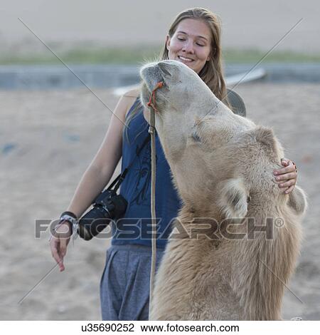 Stock Image - Woman with a camel at Mingsha Shan, Dunhuang, Jiuquan, Gansu Province, China. Fotosearch