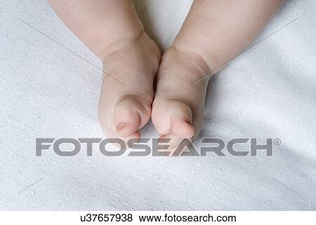 Stock Photo - Baby's (6-11 months) feet on white blanket. Fotosearch