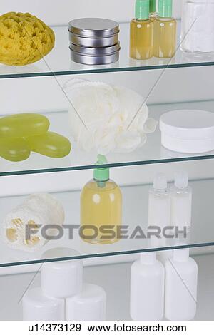 Bathroom shelves with cosmetics View Large Photo Image Stock Photo - Bathroom shelves with cosmetics. Fotosearch