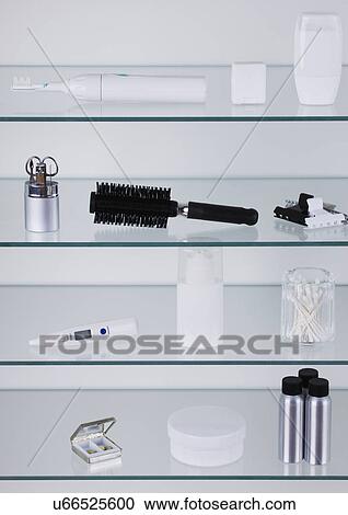 Bathroom shelves with personal items View Large Photo Image Stock Image - Bathroom shelves with personal items. Fotosearch