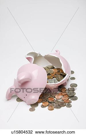 Broken piggy bank with coins spilling out View Large Photo Image Stock Image - Broken piggy bank with coins spilling out. Fotosearch