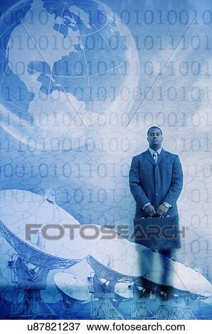Businessman, satellite dishes and globe View Large Photo Image Stock Photo - Businessman, satellite dishes and globe. Fotosearch