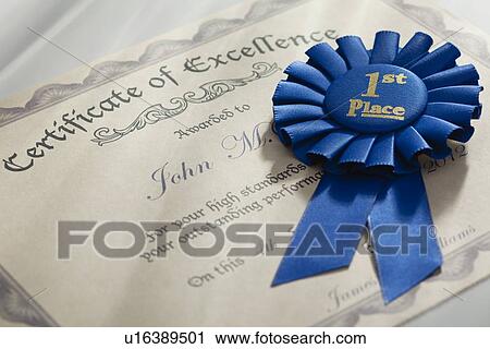 Stock Image - Certificate of excellence and blue ribbon. Fotosearch