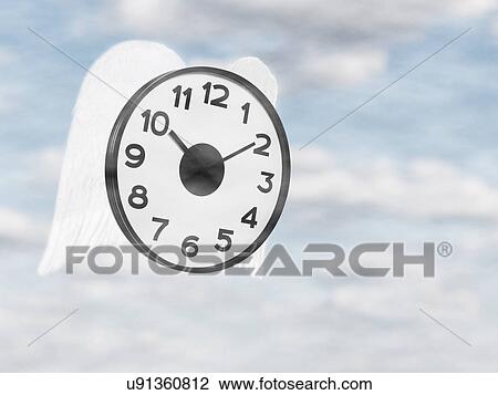 Stock Image - Clock flying against sky, digital composite. Fotosearch