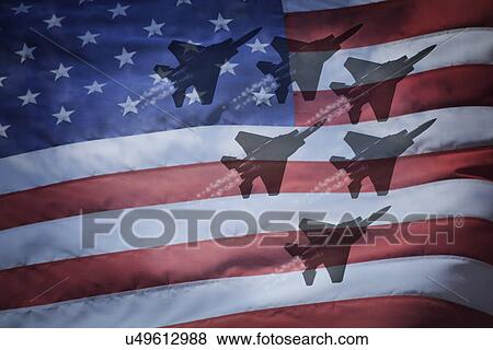Close-up of American flag with silhouettes of F-16 airplanes View Large Photo Image Stock Photo - Close-up of American flag with silhouettes of F-16 airplanes. Fotosearch