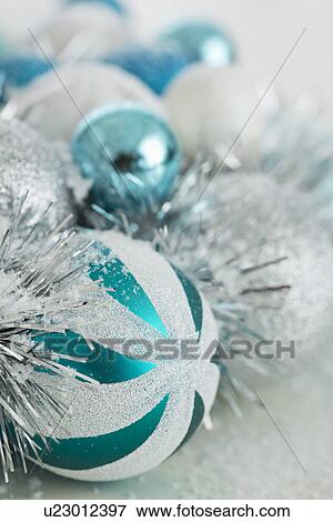 Close up of blue and silver Christmas ornaments View Large Photo Image Stock Photo - Close up of blue and silver Christmas ornaments. Fotosearch