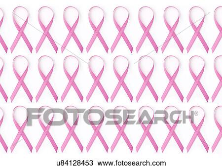 Stock Image - Close up of pink ribbons in rows on white background. Fotosearch