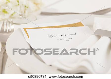 Close-up of wedding invitation on plate View Large Photo Image Stock Image - Close-up of wedding invitation on plate. Fotosearch