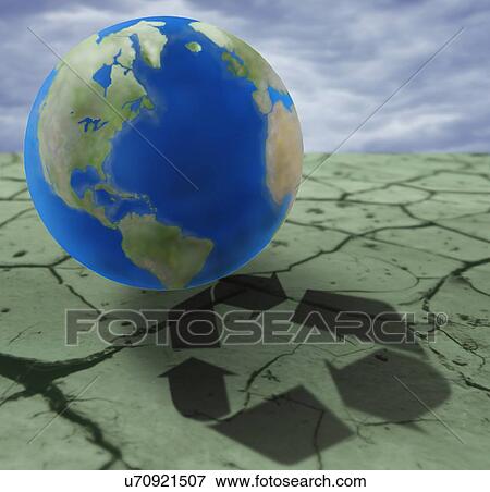 Stock Photo - Earth on cracked ground with recycling sign, digital composite. Fotosearch
