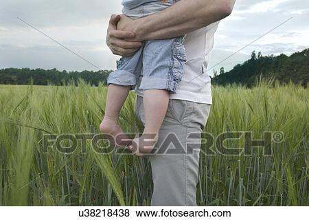 Stock Photo - Father holding child in arms in barley field, mid section. Fotosearch