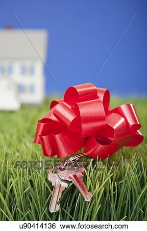 Stock Photograph - House keys with red ribbon on grass. Fotosearch