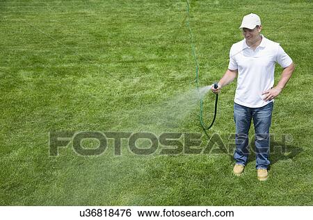 Stock Photograph - Man watering lawn. Fotosearch