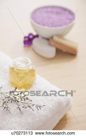 Massage oil and lavender bath salt in spa, Studio shot View Large Photo Image Stock Image - Massage oil and lavender bath salt in spa, Studio shot. Fotosearch