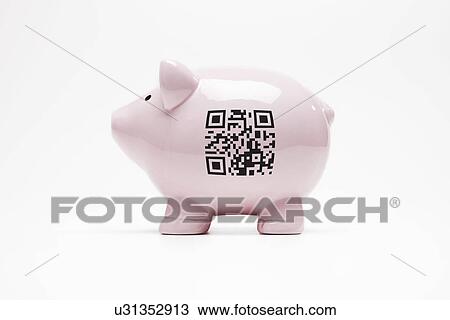 Stock Image - Piggy bank with QR code. Fotosearch