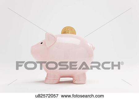 Stock Photo - Piggyback with gold coin, studio shot. Fotosearch
