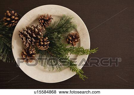 Stock Photo - Plate with Christmas Decoration, directly above. Fotosearch