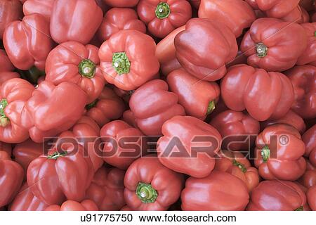 Stock Image - Red bell peppers, full frame. Fotosearch