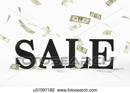 Stock Image - Sale sign and floating dollar bills. Fotosearch