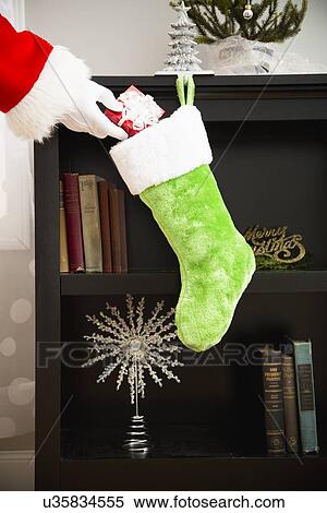 Santa Claus putting gift into Christmas stocking View Large Photo Image Stock Photography - Santa Claus putting gift into Christmas stocking. Fotosearch