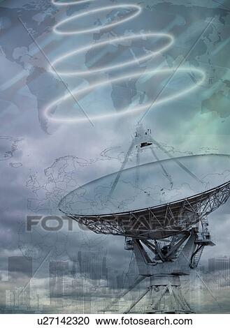 Stock Image - Satellite dish emitting signal and city skyline. Fotosearch