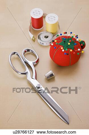 Scissors and sewing items View Large Photo Image Stock Photo - Scissors and sewing items. Fotosearch