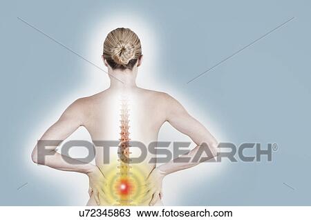 Stock Image - South Africa, Cape Town, Rear view of shirtless young woman suffering from backache. Fotosearch