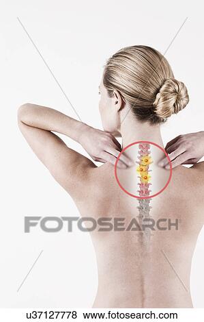 Stock Photo - South Africa, Cape Town, Rear view of shirtless young woman touching neck. Fotosearch