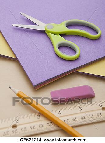 Studio shot of colored paper, scissors and pencil View Large Photo Image Picture - Studio shot of colored paper, scissors and pencil. Fotosearch