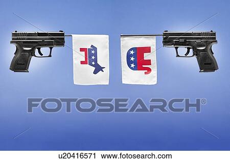 Stock Image - Studio shot of guns with political parties symbols. Fotosearch
