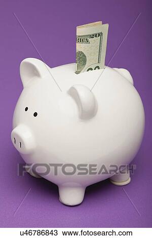 Stock Image - Studio shot of piggy bank with twenty dollar banknote. Fotosearch