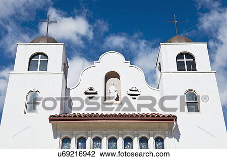 Stock Image - USA, Arizona, White church facade. Fotosearch