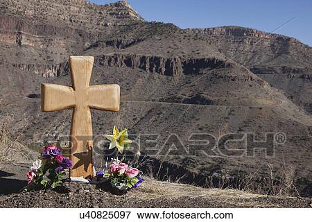 Stock Photo - USA, Arizona, Wooden cross in mountains. Fotosearch