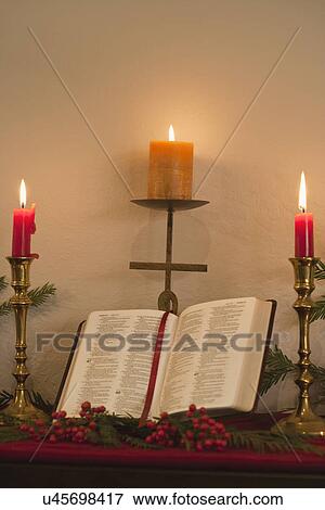 USA California, Fairfax, christmas still life with bible and candles View Large Photo Image Stock Photo - USA California, Fairfax, christmas still life with bible and candles. Fotosearch