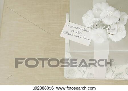 Stock Photograph - USA, California, La Quinta, Wedding gifts with greeting card. Fotosearch