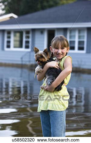 Stock Image - USA, Illinois, Chillicothe, Girl (8-9) carrying Yorkshire terrier and standing in water. Fotosearch