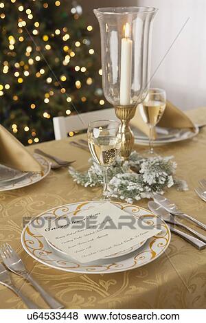 Stock Photo - USA, Illinois, Metamora, Christmas table. Fotosearch
