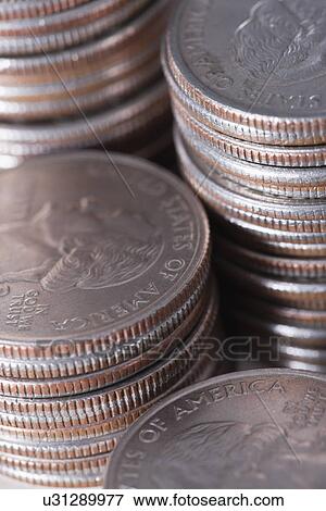 Stock Photo - USA, Illinois, Metamora, Close-up of stacks of US quarters. Fotosearch