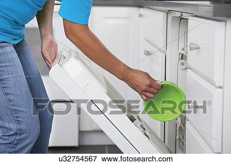 Stock Photo - USA, Illinois, Metamora, Close-up of woman placing bowl in dishwasher, mid section. Fotosearch