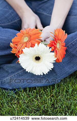 Stock Photo - USA, Illinois, Metamora, Close-up of young woman sitting on grass, holding flowers. Fotosearch