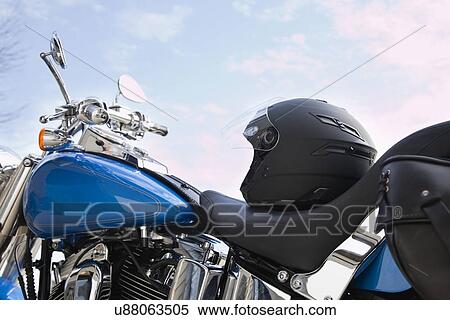 Stock Photography - USA, Illinois, Metamora, Close up of safety helmet on motorcycle. Fotosearch