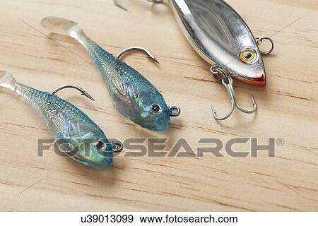 Stock Photo - USA, Illinois, Metamora, Fishing baits on table. Fotosearch