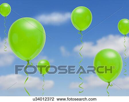Stock Image - USA, Illinois, Metamora, Green balloons against blue sky, digital composite. Fotosearch