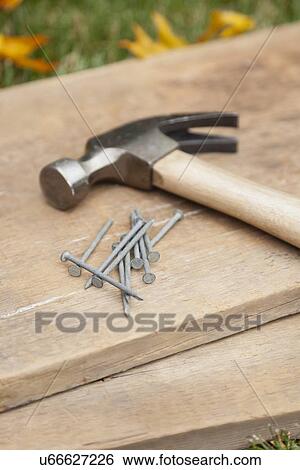 Stock Photograph - USA, Illinois, Metamora, Hammer and nails on wood. Fotosearch